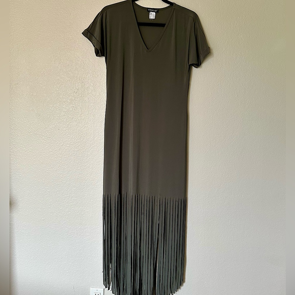 Olive colored T-shirt dress with fringe